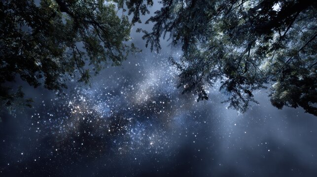 Dark forest canopy frames a brilliant star cluster visible in the night sky