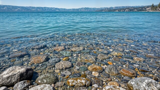  lago visto desde la orilla poco profunda. El agua es cristalina y muestra el lecho del lago cubierto de suaves piedras de r&iacute;o multicolores.