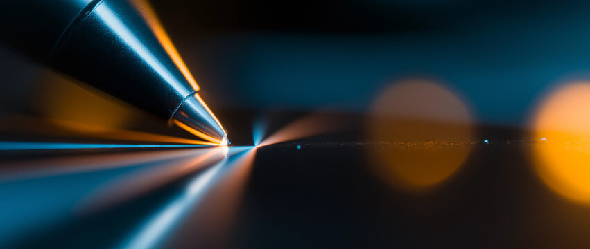 Close-up of pen tip creating light streaks on dark surface