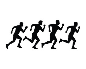 Four silhouetted men running in unison on a white background
