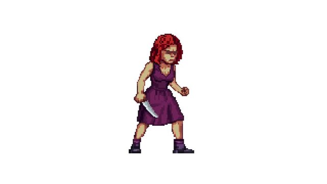 Lady Knife Fall and Get Up Animation 8bit Pixel Art Character