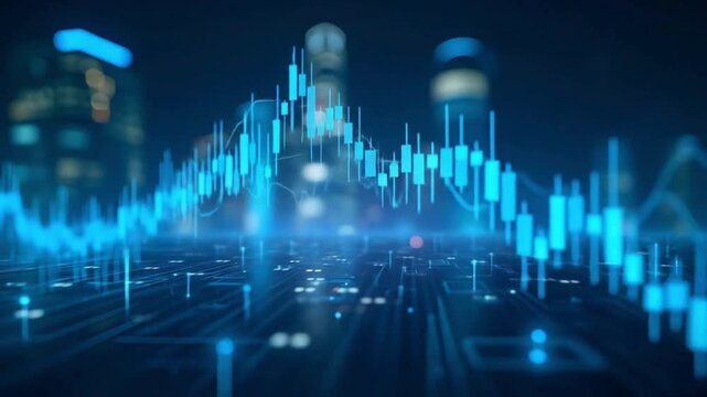 Financial market data animation with glowing charts and graphs, stock price movement analysis, trading indicators, business analytics dashboard, futuristic finance business background video