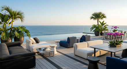 Obraz premium Modern Coastal Terrace with Sunset Ocean View