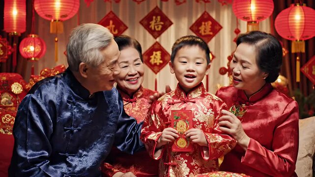 Chinese New Year Family Celebration - A multi-generational Asian family celebrates Chinese New Year with red envelopes.