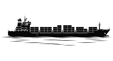 A stark black silhouette of a large container ship sailing on water showcasing maritime transport and global trade silhouette © Pvect02