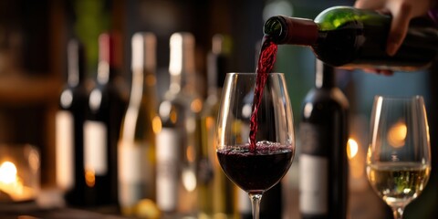 The Wine Glass Receiving a Red Wine Pour with Bottles Blurred in Background