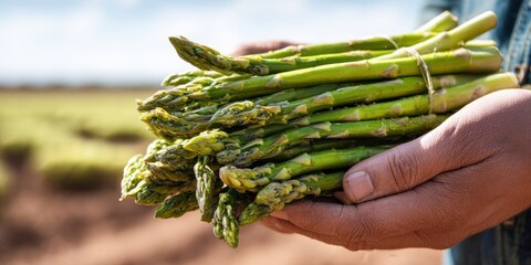 The Asparagus Bundle Held by Farmer Hands Over Sunlit Field During Harvest
