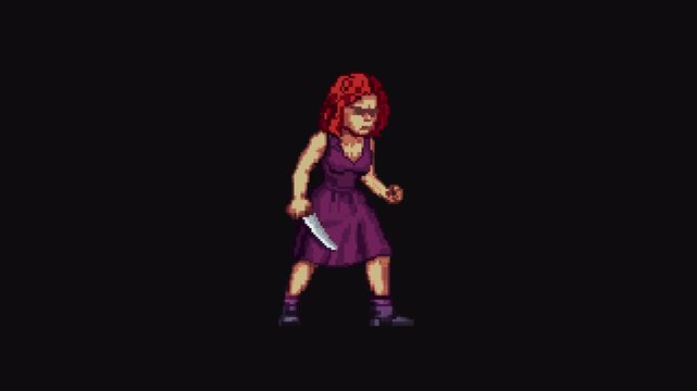 Lady Knife Fall and Get Up Animation 8bit Pixel Art Character with Transparent Background