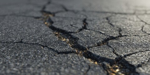 The Cracked Asphalt Surface Close-Up Revealing Road Damage, Texture, and Weathered Detail