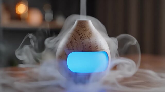 Aromatherapy Diffuser with Blue Light and Steam - A modern wooden aromatherapy diffuser with a blue light is emitting steam.