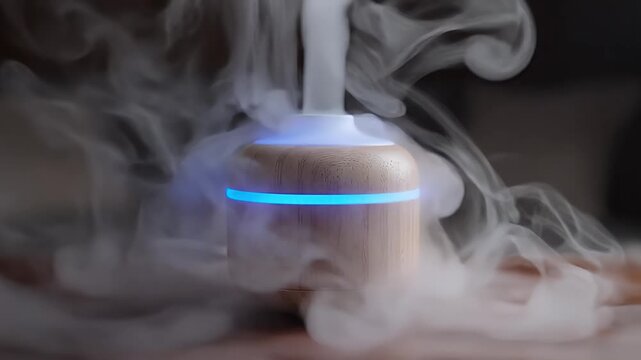 Wood Grain Humidifier with Blue Light - A wood-grain humidifier sits on a surface with visible steam rising from the top. The device emits a soft blue light around its center and upper section.
