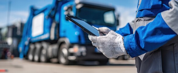 The sanitation worker using a tablet beside a blue waste collection truck in daylight