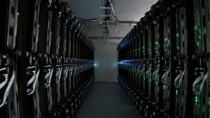 Naklejka premium Advanced data center with rows of high-tech server racks and led indicators.