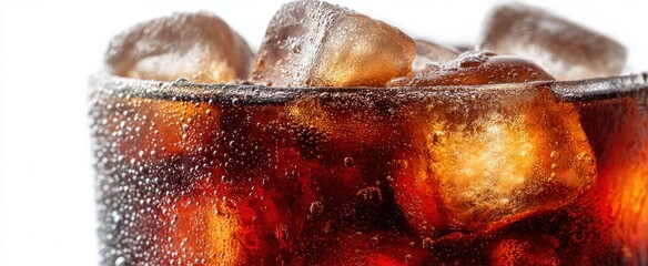 The Glass of Cold Cola with Ice Close-Up on White Background
