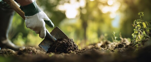 The Trowel Digging Rich Soil in a Sunlit Garden Bed at Dawn
