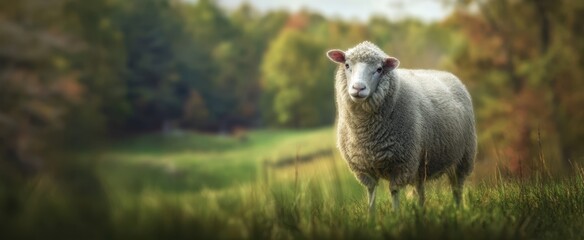 The sheep standing in a sunlit pastoral meadow with autumn trees in background