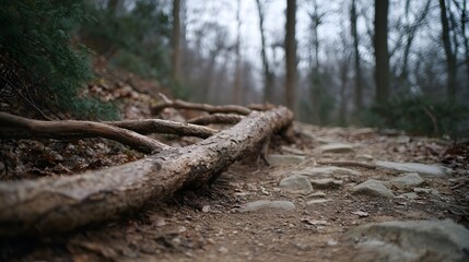 Fototapeta premium A natural forest path winds through fallen branches and stones on an overcast day