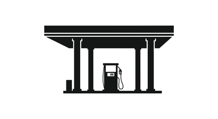 Fototapeta premium A stark black silhouette depicts a classic gas station with a single pump showcasing a minimalist architectural style silhouette