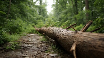 Fototapeta premium A fallen tree trunk lies across a wet overgrown forest path blocking the way