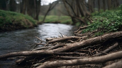 Serene woodland stream flows past fallen logs and exposed roots