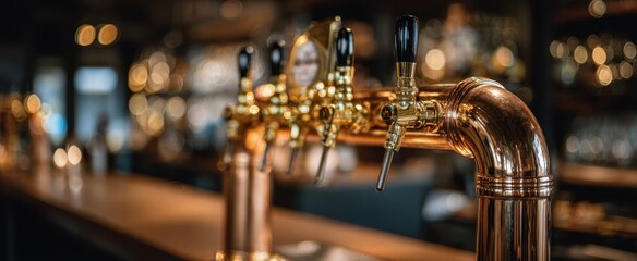 The Beer Taps on a Polished Brass Dispenser in a Cozy Bar Interior
