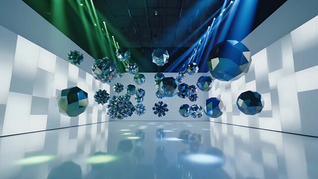 Abstract Geometric Room with Light Beams - An interior room with geometric wall patterns and a glossy blue-green floor hosts floating gem-like objects.