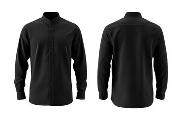 Front and back view of a dark-colored long-sleeve button-down shirt