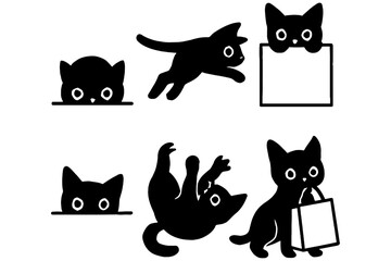 Obraz premium set of cats, Black and White Cat Silhouettes Playing with Shopping Bag