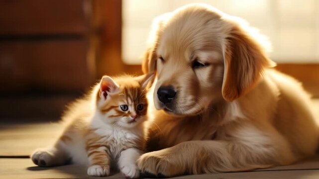Cute puppy cuddling with kitten indoors