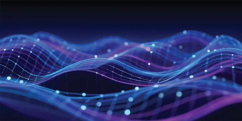 A virtual reality illustration of a blue fractal wave pattern where light and energy lines intersect on a motion grid backdrop for a high technology design concept