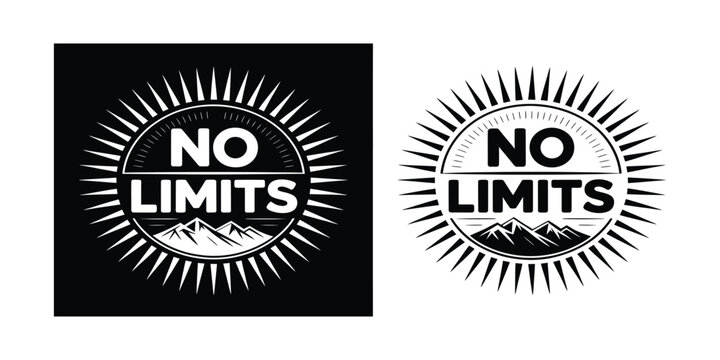 Graphic design for no limits concept with mountain range silhouette and sunburst, retro style emblem, vector illustration
