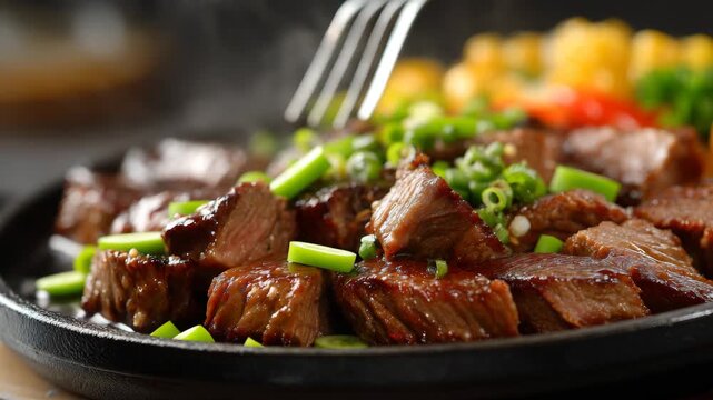 Grilled beef cubes on hot sizzling plate