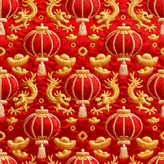 Traditional seamless oriental embroidery with golden dragons, red lanterns, and wealth symbols on premium red fabric.