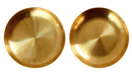 Two identical, round, golden-toned metal dishes.  Smooth, reflective surfaces