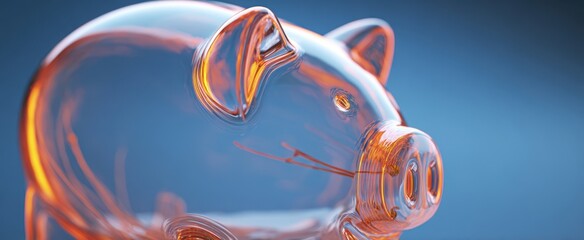 The Glass Piggy Bank With Warm Orange Reflections On Blue Background