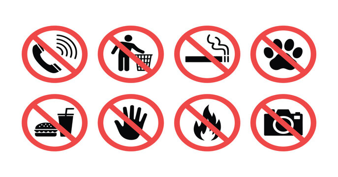 Collection of prohibition signs including no phone no littering no smoking no pets no food no entry no fire and no camera icons