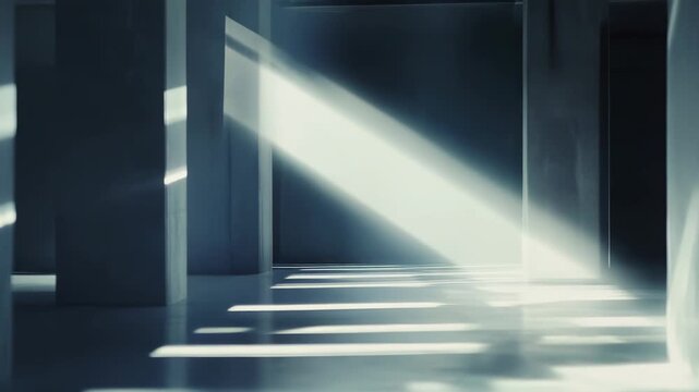 Geometric parallel light beams creating bright abstract patterns on the floor of a minimalist concrete hallway, symbolizing concepts of hope, future, and direction