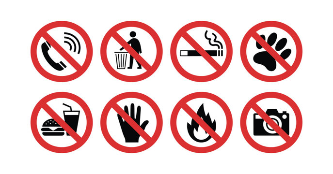 Collection of prohibition signs including no phone no littering no smoking no pets no food no entry no fire and no camera icons
