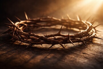 Fototapeta premium Crown of thorns on wooden surface with golden sunlight glow