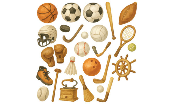 Vintage Sports Equipment and Gear Illustrations