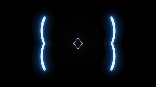 Abstract neon blue wavy glowing lines and white diamond on a black background, minimalist futuristic digital design