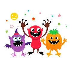 Obraz premium Happy Halloween. Monster colorful silhouette head face icon set line. Eyes, tongue, tooth fang, hands up. Cute cartoon kawaii scary funny baby character. White background. Flat design. See Less 