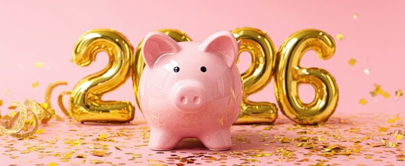 The Piggy Bank Surrounded by Golden 2026 Balloons and Festive Pink Confetti
