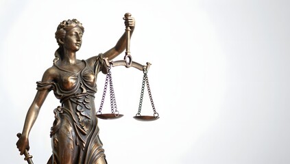 Bronze statue of lady justice holding scales stands against a white background