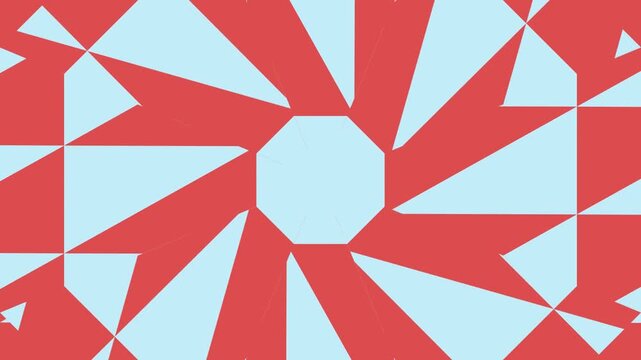 Vibrant geometric pattern: radial light blue shapes on red, abstract design with central octagon