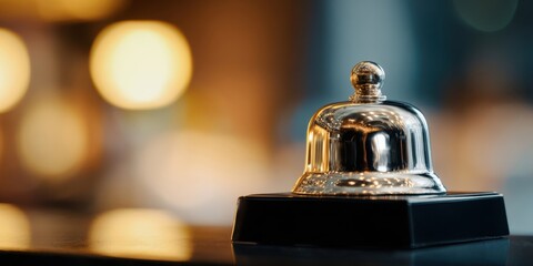 The Service Bell on Hotel Desk with Warm Bokeh Lighting and Reflections