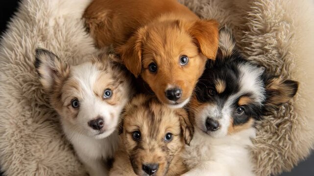 Group of mixed breed puppies on blanket
