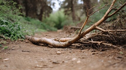 Obraz premium A fallen tree branch lies across a dirt trail in a lush forest creating a natural obstacle for hikers