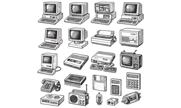 Vintage Retro Technology and Old Gadgets Illustration Set