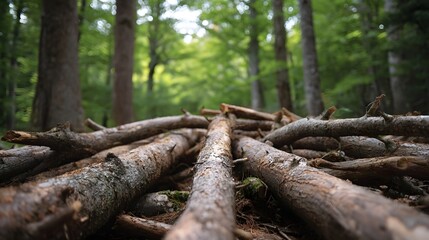 Fototapeta premium Close up view of a large pile of weathered fallen logs and branches resting on the forest floor surrounded by lush green trees